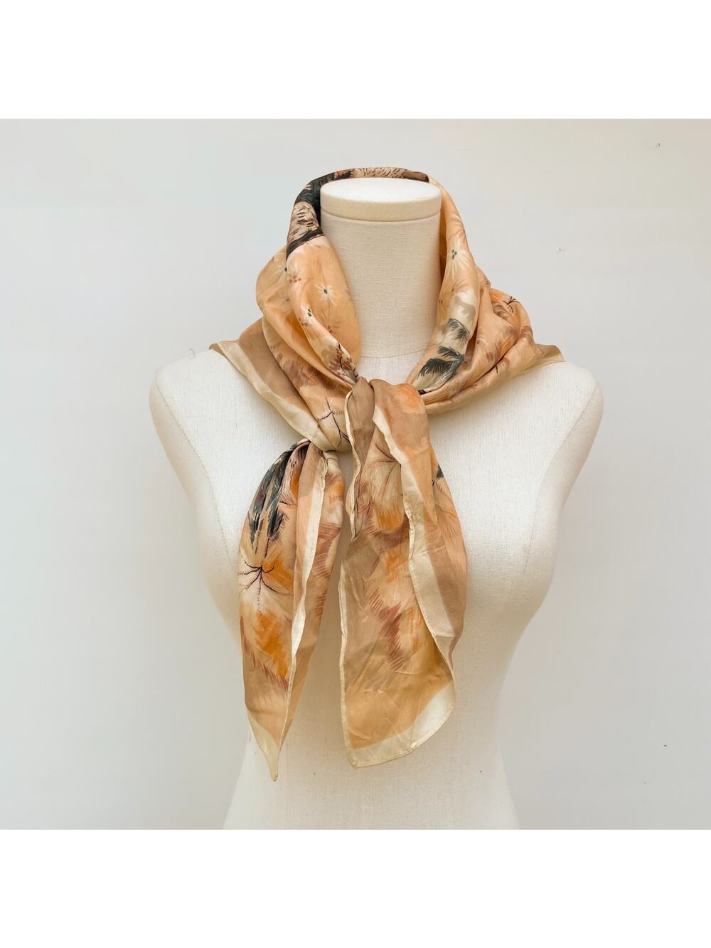 Vintage 70s Satin Bird Scarf Pheasants Country Earth Tones Wildlife Nature Hawk